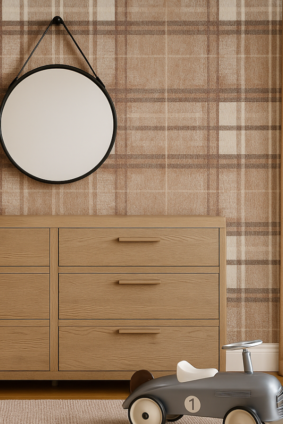 Warm layered nursery with oak dresser, plaid wallpaper, and round mirror — example of calm nursery design.