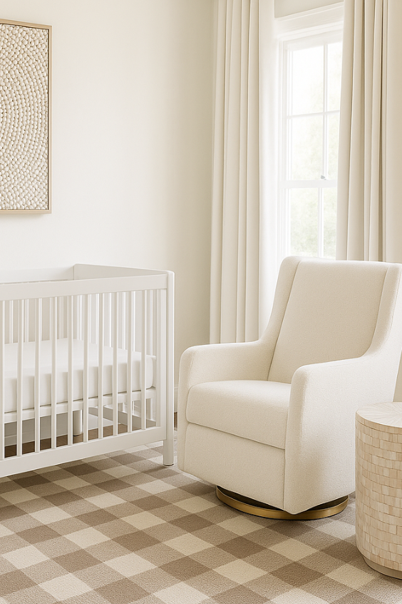 Light and airy calm nursery with ivory glider, checked rug, and linen drapery.