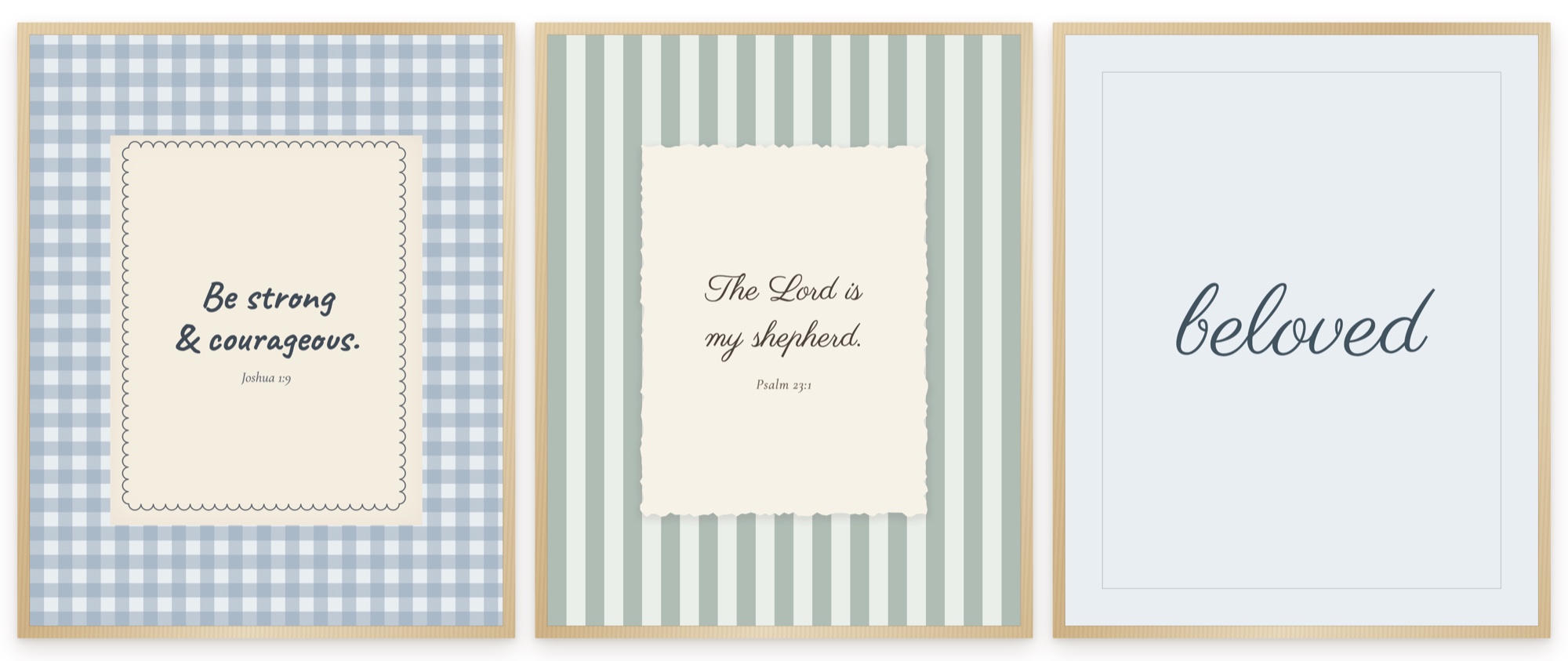 Free boy's Christian nursery wall art — three framed Scripture prints in blue and sage: Be Strong and Courageous, The Lord Is My Shepherd, and Beloved
