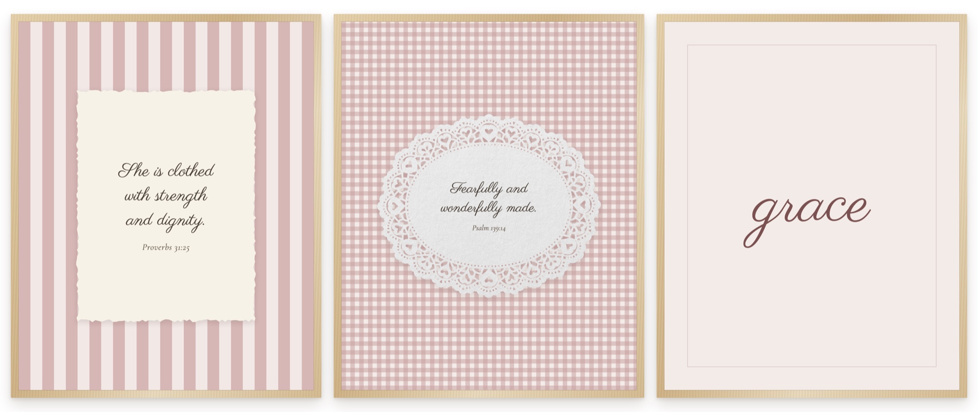 Free girl's Christian nursery wall art — three framed Scripture prints in blush: She Is Clothed With Strength and Dignity, Fearfully and Wonderfully Made, and Grace