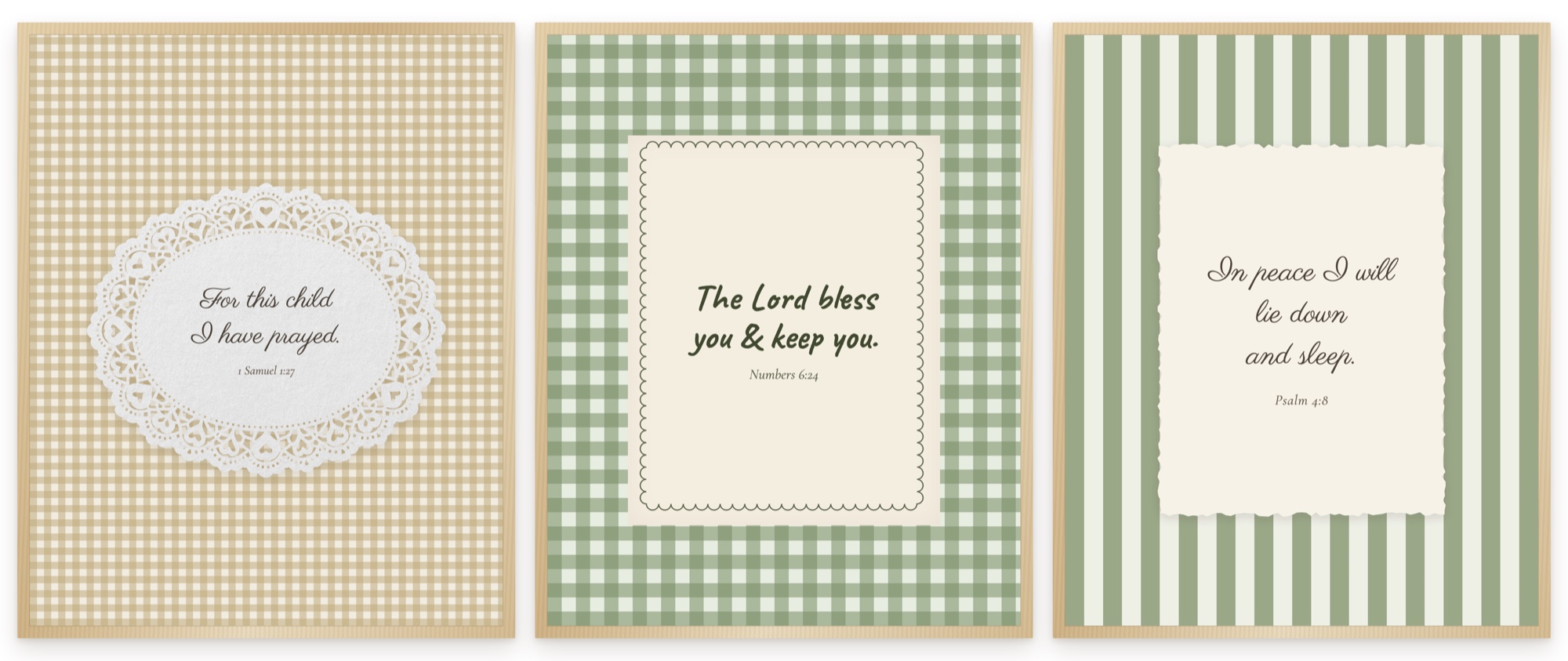 Free gender-neutral Christian nursery wall art — three framed Scripture prints in oat and sage: For This Child I Have Prayed, The Lord Bless You and Keep You, and In Peace I Will Lie Down and Sleep